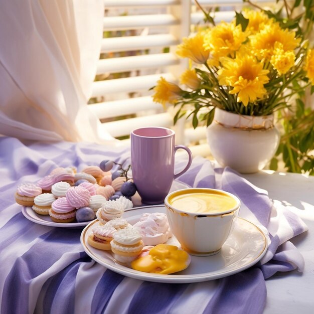 morning breakfast in the sun a cup of coffee and cookies with flowers on the table