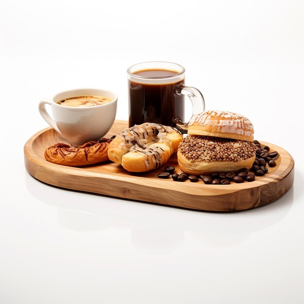 Morning breakfast with chocolate donuts and cup of coffee with cream on light wooden background