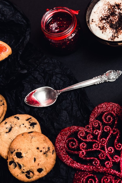 Morning Breakfast with coffee or cappuccino and chocolate cookies 