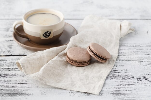 Morning breakfast with coffee and macaroons