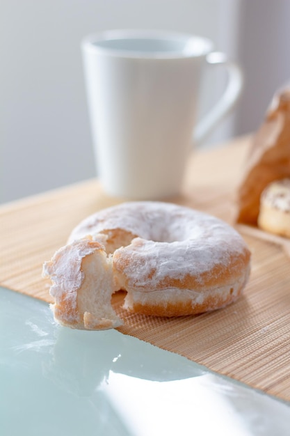 Morning breakfast with donuts and coffee Tasty donuts closeup Doughnut