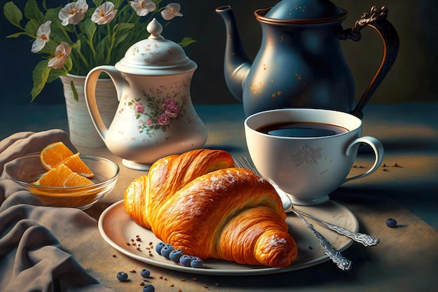 Утренний завтрак со свежеиспеченными сладкими круассанами и кофе