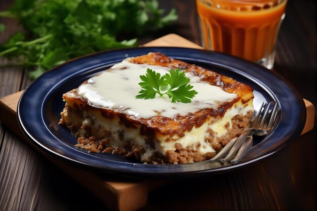 Foto colazione mattutina con moussaka e latte su un tavolo di legno nella sala da pranzo