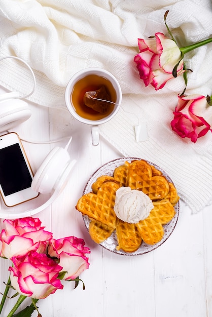 Morning breakfast with waffles,