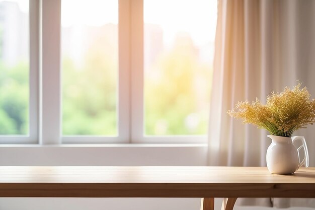 morning bright curtain window and empty table blurred background can be used for display or montage your products and Mock up