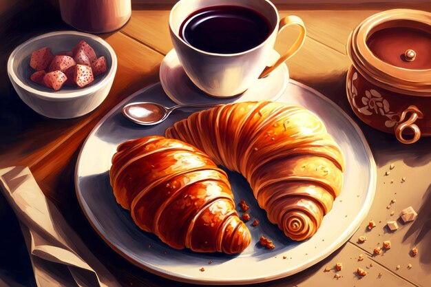 Foto caffè mattutino deliziosi pasticcini dolci croissant nel piatto