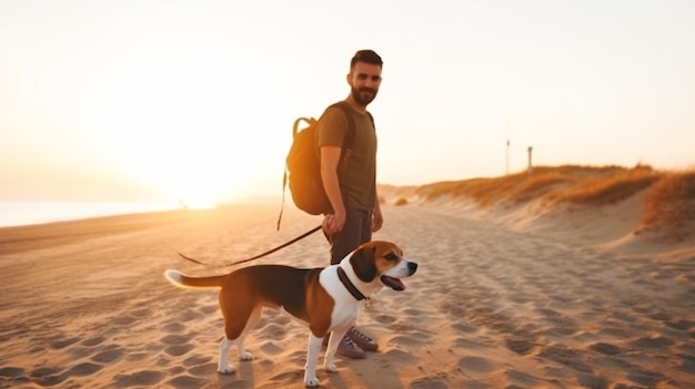 Morning canine stroll Generative AI Portrait of a Young Man Walking His Beagle on the Beach at Sunrise