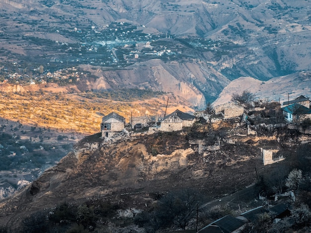 Morning city on the rock. Authentic Dagestani mountain village. Matlas Gorge. Dagestan. Russia.