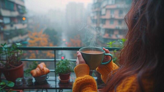 Photo morning coffee on the balcony wooman enjoying coffee on the balcony at sunrise warm colors of the