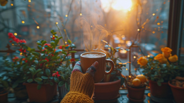 Photo morning coffee on the balcony wooman enjoying coffee on the balcony at sunrise warm colors of the