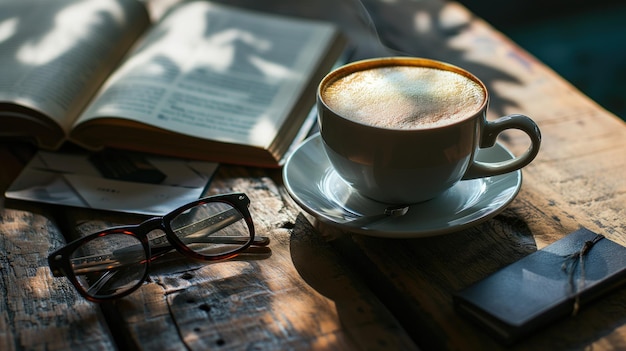 朝のコーヒーと書籍とグラスが田舎のテーブルに