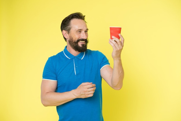 Morning coffee. brutal caucasian hipster with moustache. Mature hipster with beard. Bearded man. Male barber care. happy man drink morning coffee. More coffee. Morning inspiration.