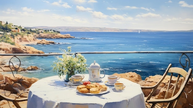 Фото Утренний кофе у моря голубая вода и небо чайка и женщина морской пейзаж импрессионизм искусство