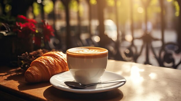 Morning Coffee in the City Cappuccino Croissant and City Landscape