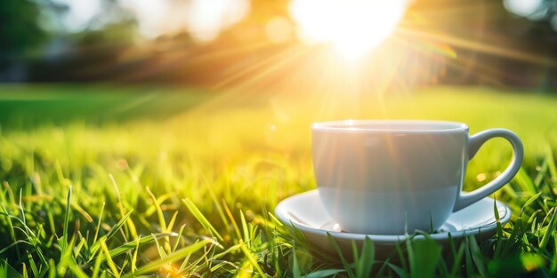 Morning coffee cup on fresh green grass with sunlight