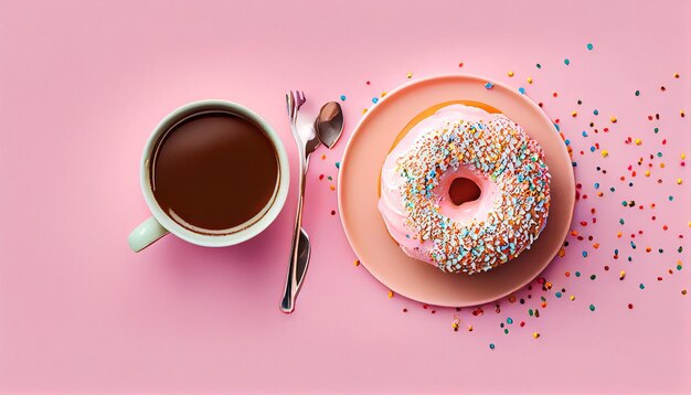 Morning coffee cup and sweet pastry of chocolate donu