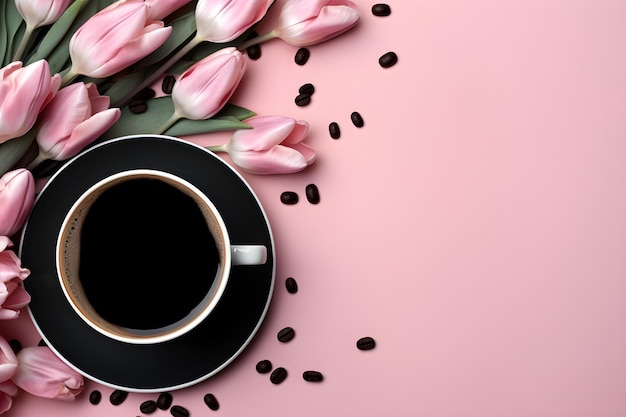 明るい背景にチューリップの花束を飾った朝のコーヒーカップ春の花を飾った温かい飲み物