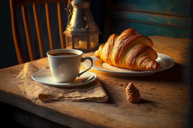 Morning coffee and delicious croissant on wooden table