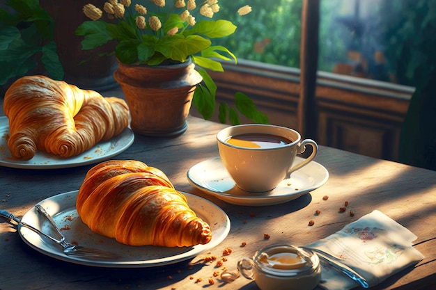 Morning coffee and fresh croissants lay on table