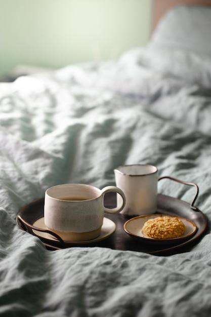 Morning coffee on metal tray