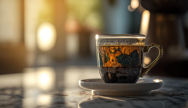 Morning Coffee in modern cup on marble table with flowers in spring season sunlight Generative AI