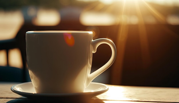 Утренний кофе в современной чашке на мраморном столе с цветами в весеннем солнечном свете Generative AI