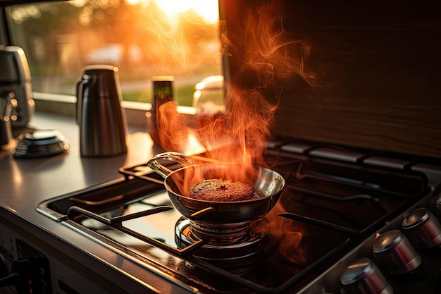 写真 モーターホームのストーブで朝のコーヒー 夜明けのコーヒーと冒険への道 モーターホームでの道路旅行と朝の太陽の光の中で温かいコーヒーのカップ