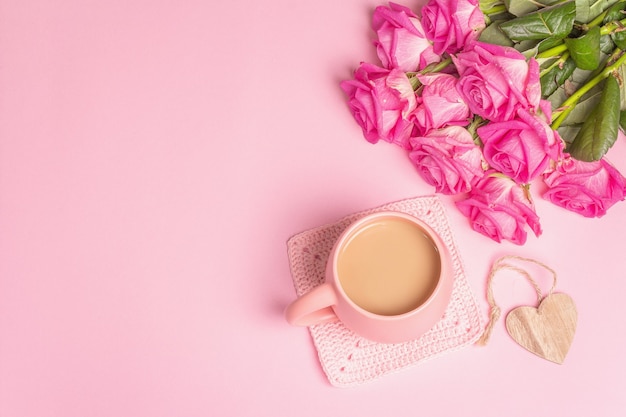 Morning coffee with a beautiful bouquet of roses