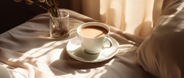 Morning coffee on a wooden cafe table Vintage lighting blurred background