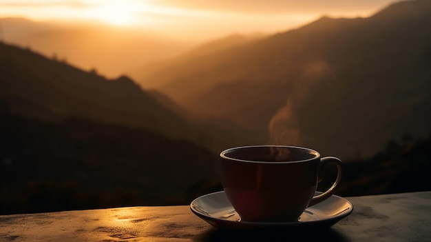 Morning cup of coffee with mountain background at sunrise