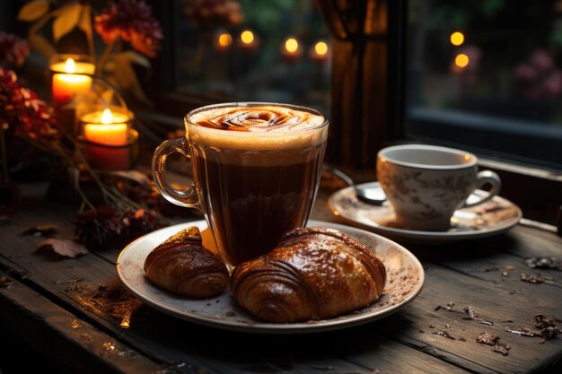 Утренняя чашка кофе латте стоит на столе у окна.