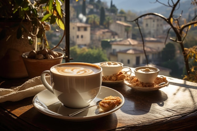 A morning cup of latte coffee stands on a table on the terrace against the background of nature