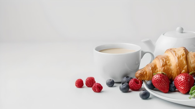 Утреннее удовольствие свежим круассантом и ягодами Идеальная установка завтрака на белом фоне Простота в фотографии еды ИИ