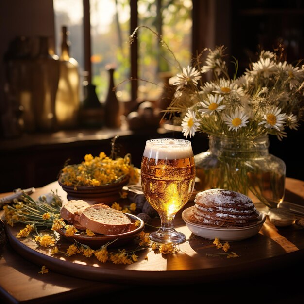 Morning Delights Beer on Wooden Table Amidst Flowers Pancakes and Fresh Bread Breakfast Vibes