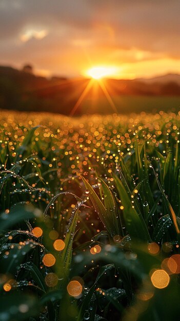 Morning dew on fresh organic farmland at sunrise a serene