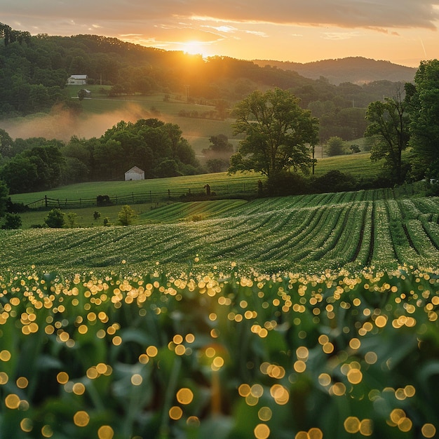 Morning dew on fresh organic farmland at sunrise a serene