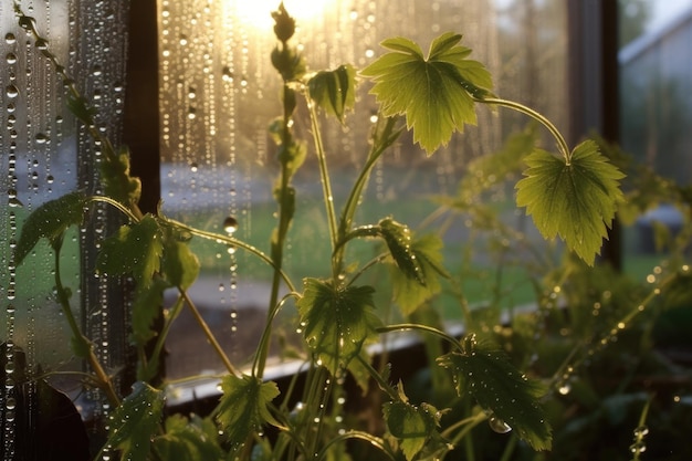 Morning dew on greenhouse glass panes created with generative ai