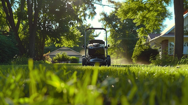 Morning Dew and Mowing A Lawnmower at Work in a Sunlit Backyard