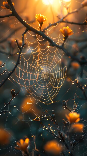 Morning Dew on Spider Webs in Forest Capturing Intricate Web Patterns in Soft Light