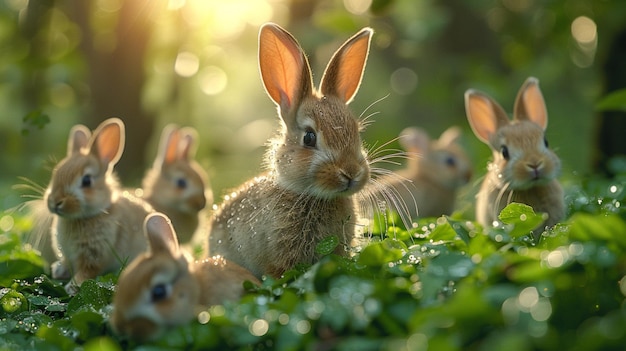 Morning Dew Young Rabbits Exploring the Lush Greenery