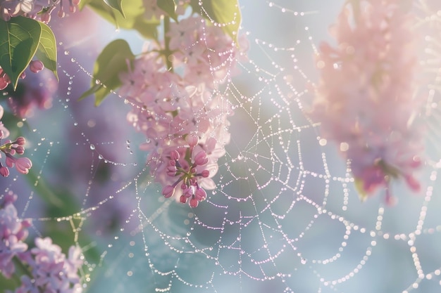 Morning Dewdrops Glistening on the Intricate Web Woven Delicately Amongst Blooming Lilac Blossoms