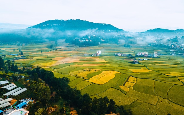 morning drone view of Paddy farmland in Kavre Nepal