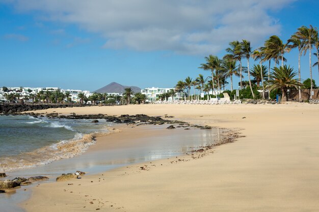 Morning ebb on the beach in Costa Teguise. Island Lanzarote, Spain.