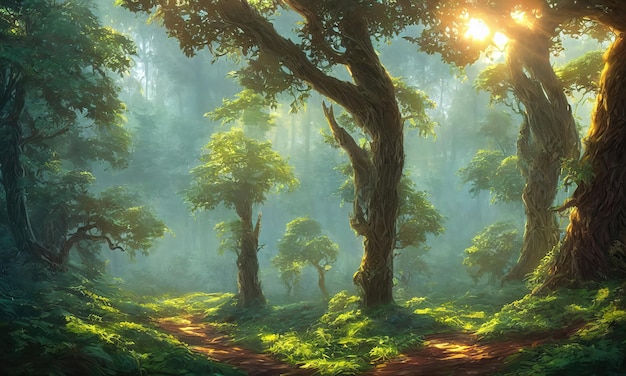 Morning in the fairy forest The sun illuminates the foliage and tree trunks Morning haze fog 3d illustration