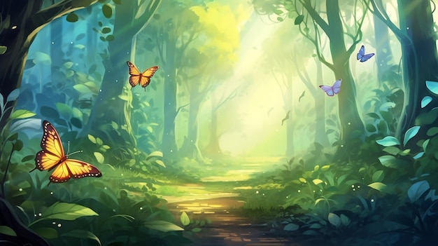 morning in the fantasy forest with butterfly in cartoon illustration style