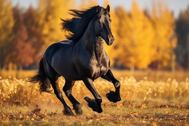 Утренняя пробежка по полю, черная теплокровная лошадь, генеративный искусственный интеллект