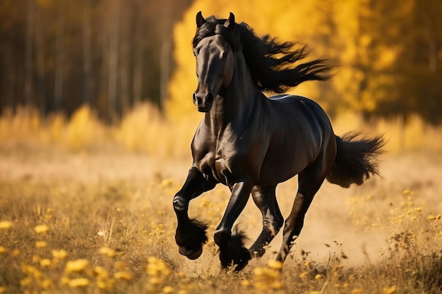 Morning Field Run Zwart Warmbloed Paard Generatieve AI