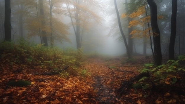 Morning fog in the autumn forest Autumn forest path Orange color tree red brown maple leaves fall