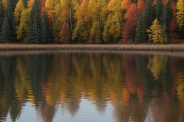 Morning fog over a beautiful lake surrounded by pine forest stock photo