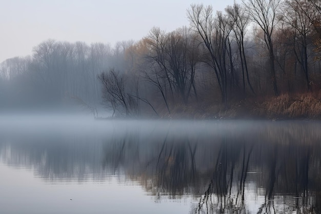 Morning fog floating over still water created with generative ai